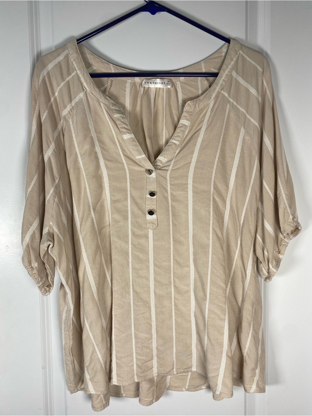 Retrology Light Tan Striped Women's Top - Casual Button Henley